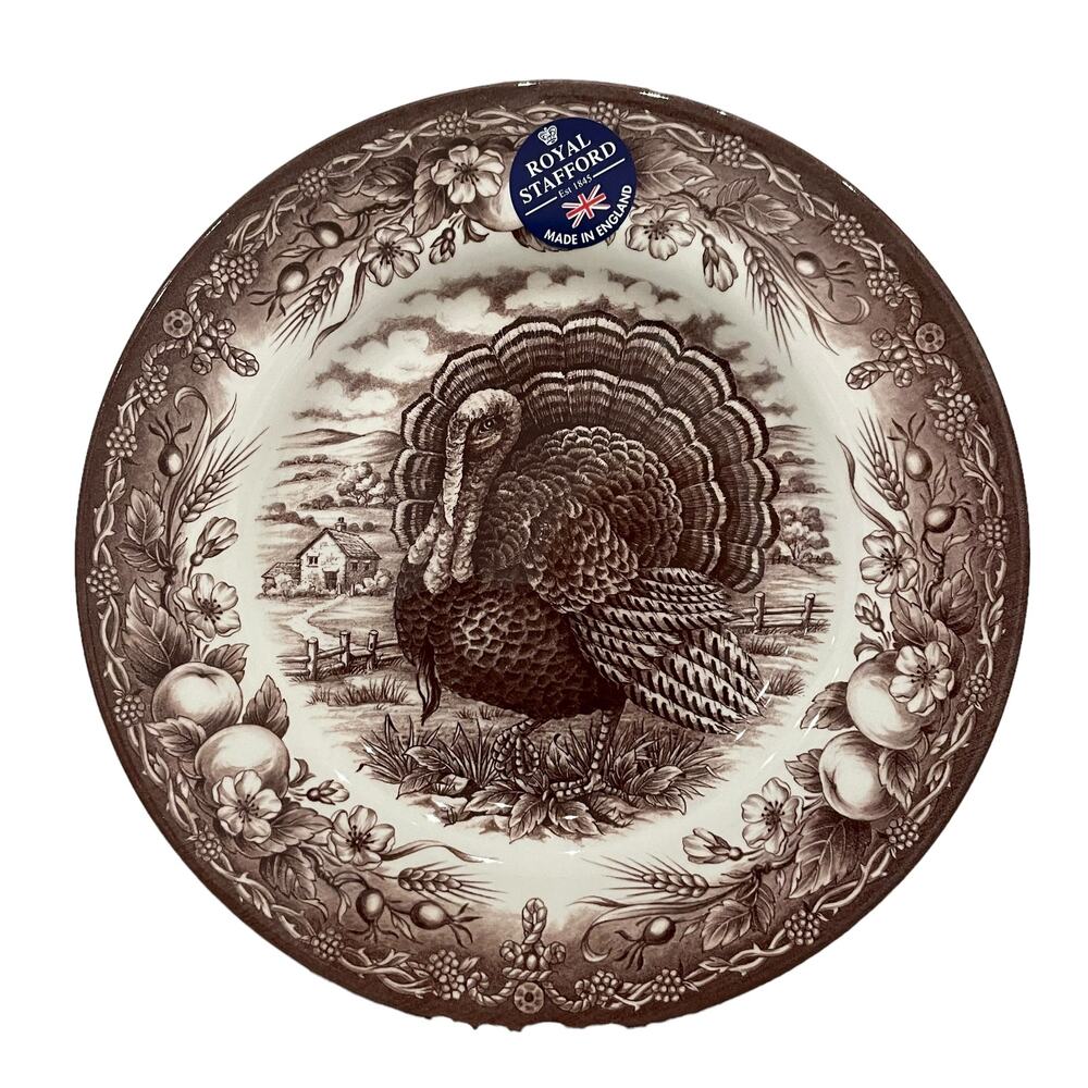 Royal Stafford Thanksgiving TURKEY Porcelain Dinner Plates 11" Set of 4 Brown